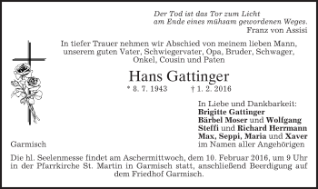 Traueranzeige von Hans Gattinger 
