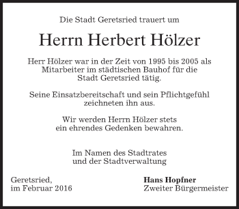 Traueranzeige von Herbert Hölzer von merkurtz
