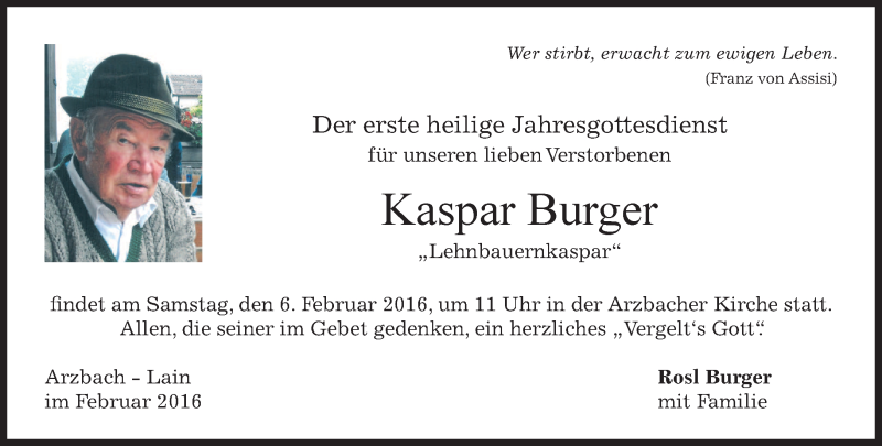  Traueranzeige für Kaspar Burger vom 04.02.2016 aus 