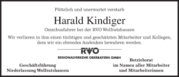 Traueranzeige von Harald Kindiger von merkurtz