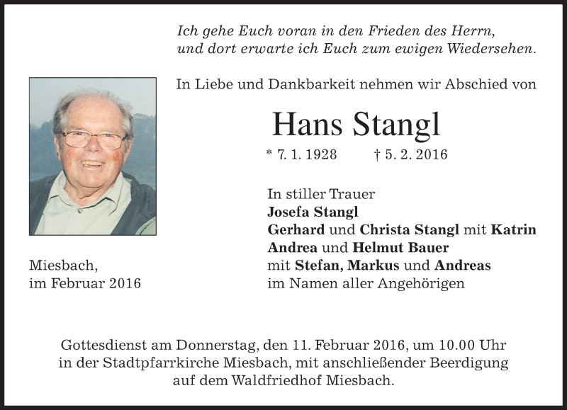  Traueranzeige für Hans Stangl vom 08.02.2016 aus 