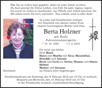 Traueranzeige von Berta Holzner 