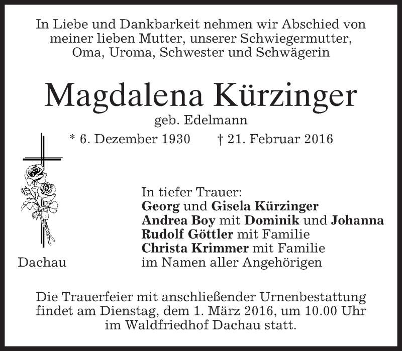  Traueranzeige für Magdalena Kürzinger vom 27.02.2016 aus merkurtz