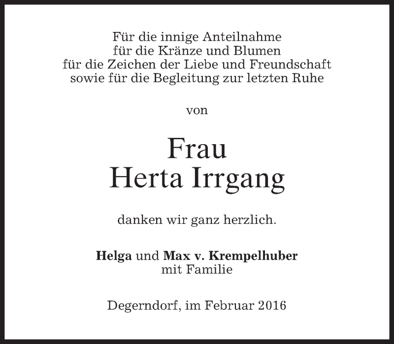  Traueranzeige für Herta Irrgang vom 24.02.2016 aus merkurtz