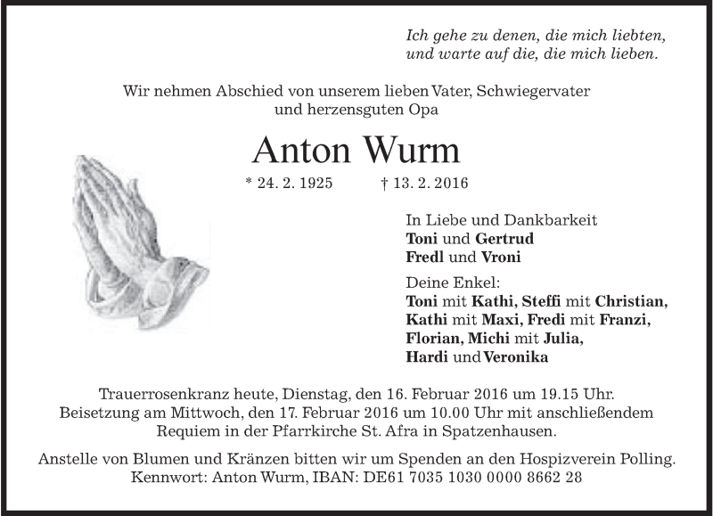  Traueranzeige für Anton Wurm vom 16.02.2016 aus merkurtz