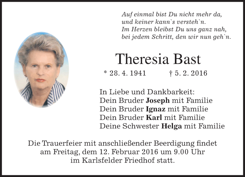  Traueranzeige für Theresia Bast vom 10.02.2016 aus 