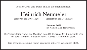 Traueranzeige von Heinrich Neumeier von merkurtz