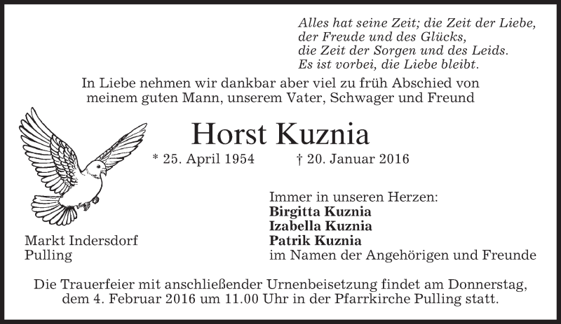  Traueranzeige für Horst Kuznia vom 01.02.2016 aus 
