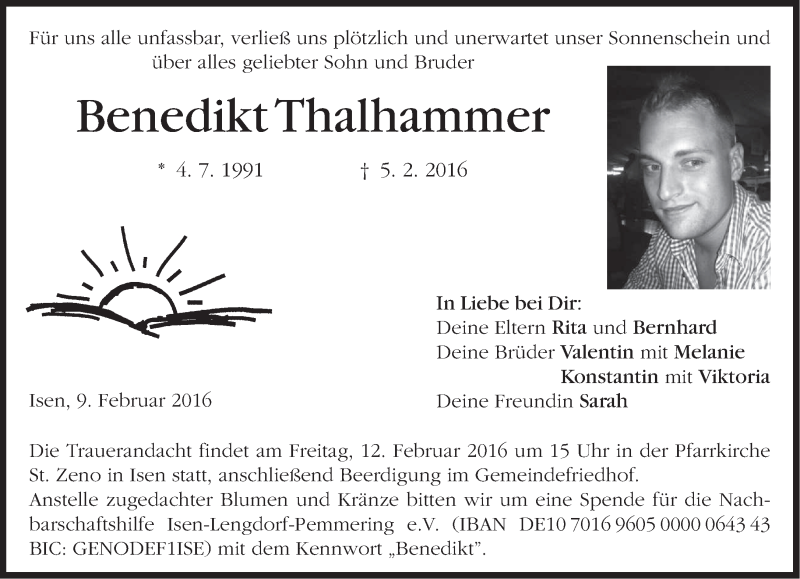  Traueranzeige für Benedikt Thalhammer vom 09.02.2016 aus 