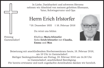 Traueranzeige von Erich Irlstorfer von merkurtz