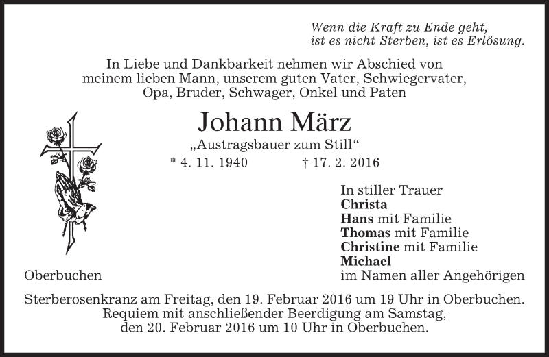  Traueranzeige für Johann März vom 18.02.2016 aus merkurtz