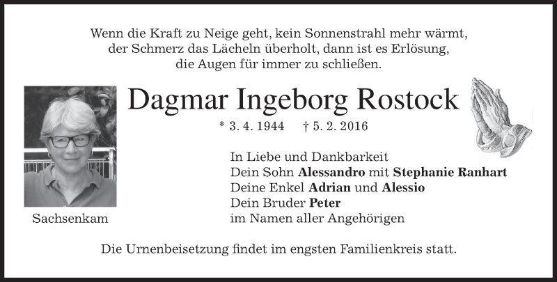  Traueranzeige für Dagmar Ingeborg Rostock vom 13.02.2016 aus merkurtz