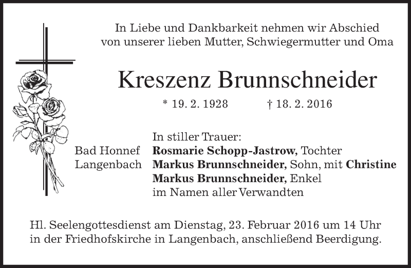  Traueranzeige für Kreszenz Brunnschneider vom 20.02.2016 aus merkurtz