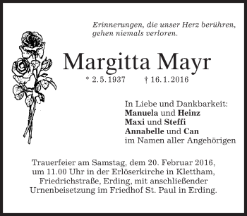 Traueranzeige von Margitta Mayr von merkurtz