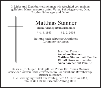 Traueranzeige von Matthias Stanner 