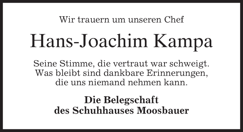  Traueranzeige für Hans-Joachim Kampa vom 02.02.2016 aus 