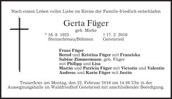 Traueranzeige von Gerta Füger von merkurtz