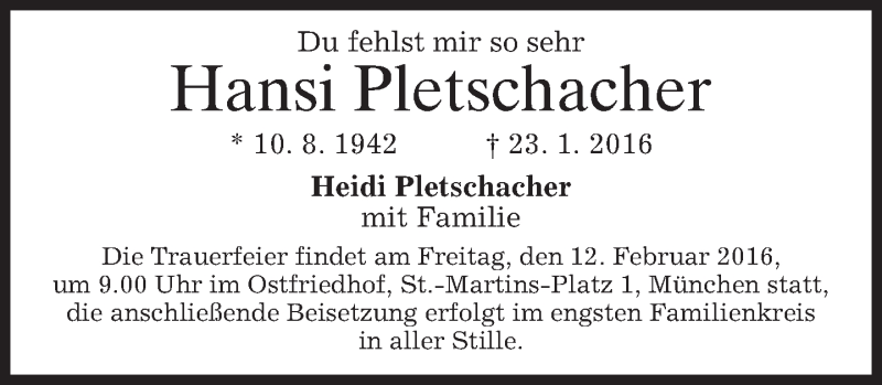  Traueranzeige für Hang Pletschacher vom 06.02.2016 aus 