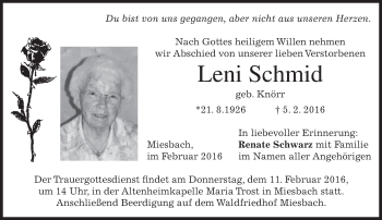 Traueranzeige von Leni Schmid 