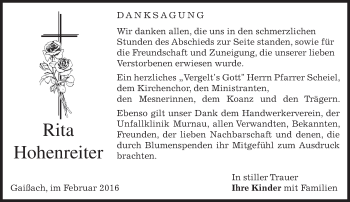 Traueranzeige von Rita Hohenreiter 