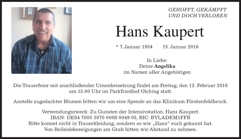  Traueranzeige für Hans Kaupert vom 06.02.2016 aus 
