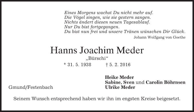  Traueranzeige für Hanns Joachim Meder vom 17.02.2016 aus merkurtz