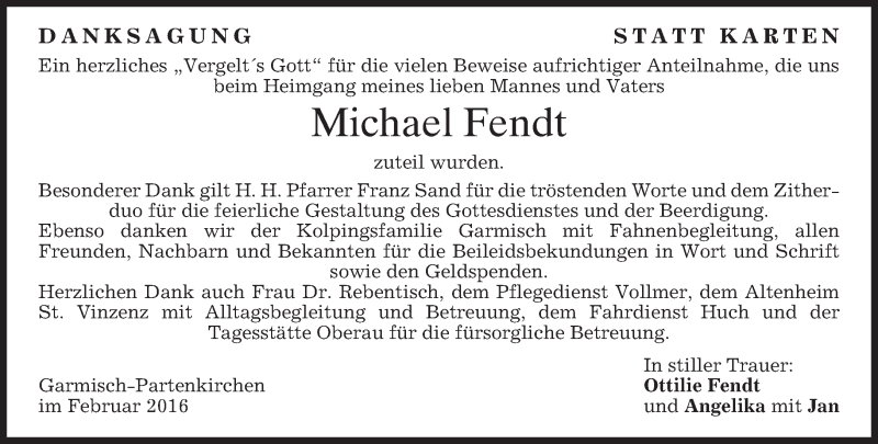  Traueranzeige für Michael Fendt vom 13.02.2016 aus merkurtz