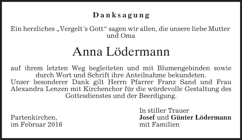  Traueranzeige für Anna Lödermann vom 20.02.2016 aus merkurtz