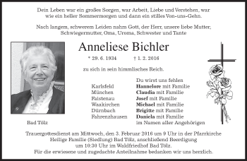 Traueranzeige von Anneliese Bichler 