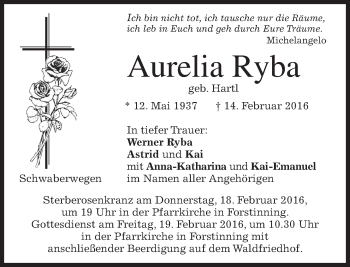 Traueranzeige von Aurelia Ryba von merkurtz