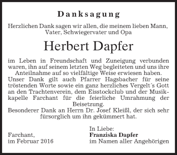 Traueranzeige von Herbert Dapfer 
