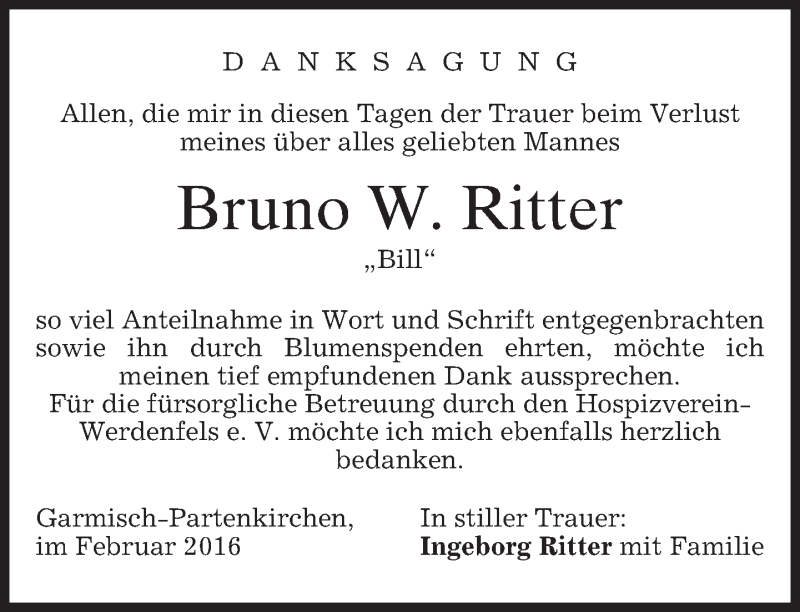  Traueranzeige für Bruno W. Ritter vom 20.02.2016 aus merkurtz