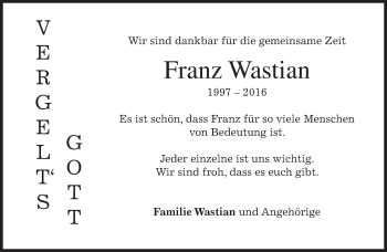 Traueranzeige von Franz Wastian von merkurtz