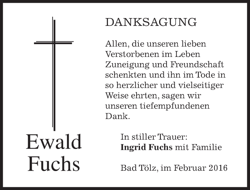  Traueranzeige für Ewald Fuchs vom 20.02.2016 aus merkurtz