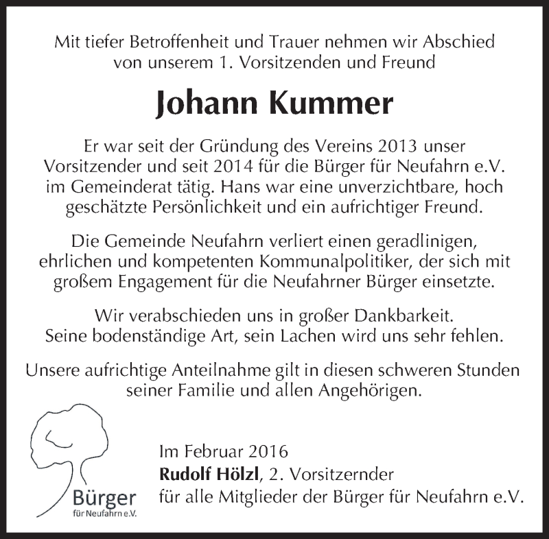  Traueranzeige für Johann Kummer vom 26.02.2016 aus merkurtz