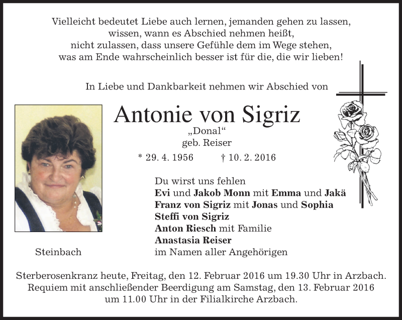  Traueranzeige für Antonie von Sigriz vom 12.02.2016 aus merkurtz