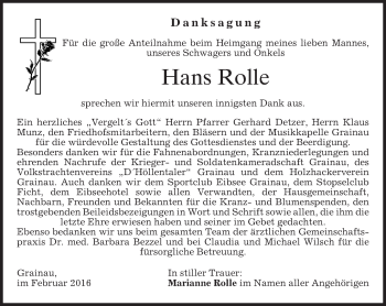 Traueranzeige von Hans Rolle von merkurtz