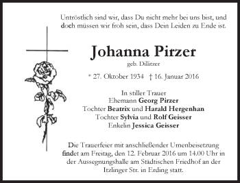 Traueranzeige von Johanna Pirzer 