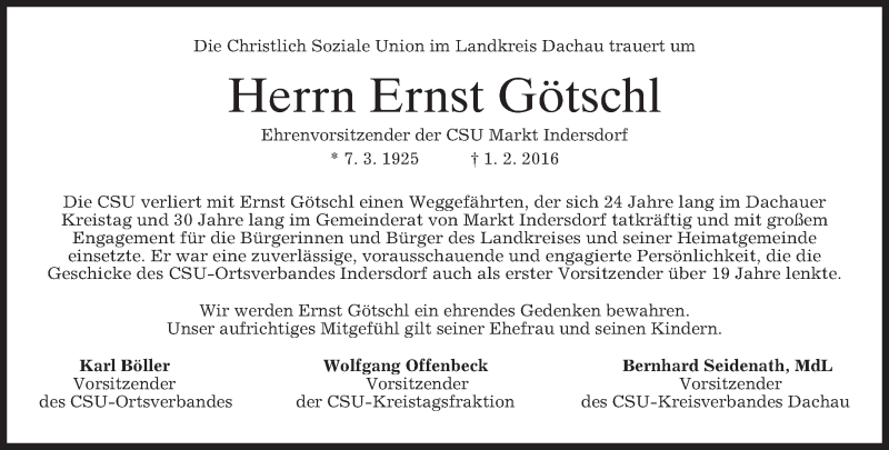  Traueranzeige für Ernst Götschl vom 06.02.2016 aus 