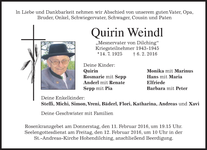  Traueranzeige für Quirin Weindl vom 10.02.2016 aus 