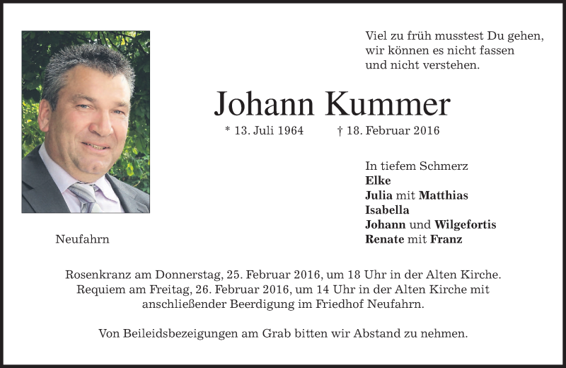  Traueranzeige für Johann Kummer vom 24.02.2016 aus merkurtz