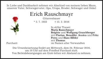 Traueranzeige von Erich Rauschmayr von merkurtz