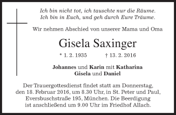 Traueranzeige von Gisela Saxinger von merkurtz