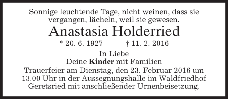  Traueranzeige für Anastasia Holderried vom 20.02.2016 aus merkurtz