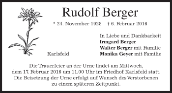 Traueranzeige von Rudolf Berger von merkurtz