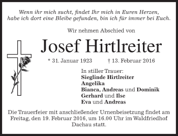 Traueranzeige von Josef Hirtlreiter von merkurtz