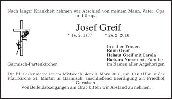 Traueranzeige von Josef Greif von merkurtz