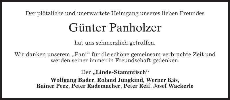  Traueranzeige für Günter Panholzer vom 12.02.2016 aus merkurtz