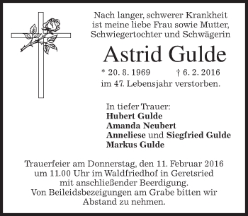 Traueranzeige von Astrid Gulde 