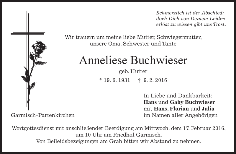  Traueranzeige für Anneliese Buchwieser vom 13.02.2016 aus merkurtz